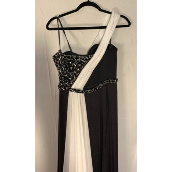 IMPERO COUTURE Euro size 46 Designer Formal Gown Black White Beaded One Shoulder - Picture 4 of 13